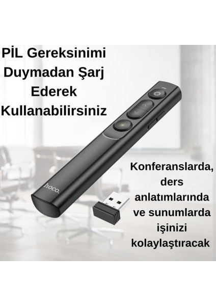 100MT Mesafeli USB Girişli Şarjlı Rf2.4ghz Projeksiyon Sunum Kumandası Kırmızı Lazer Işaretçili