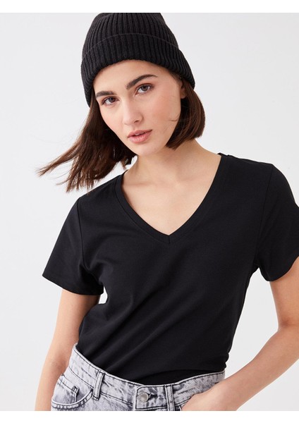 Lcw Vision V Yaka Düz Kısa Kollu Kadın Tişört