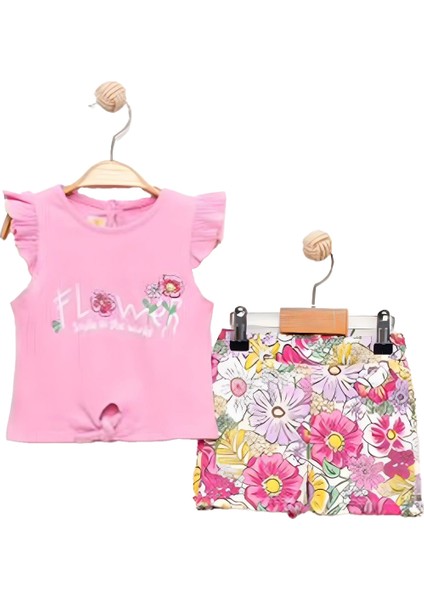 Flower Renkli Baskılı Kız Çocuk Şortlu takım - Pembe