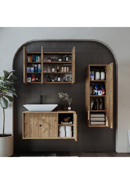 Lavabolu Mat Mdf 90 cm Çekmeceli Banyo Dolabı + Aynalı Üst Dolabı + Boy Dolabı