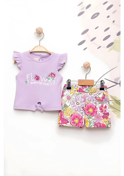 Flower Renkli Baskılı Kız Çocuk Şortlu takım - Lila