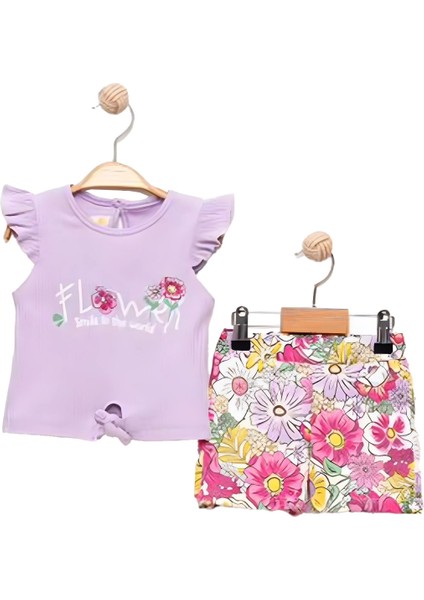 Flower Renkli Baskılı Kız Çocuk Şortlu takım - Lila