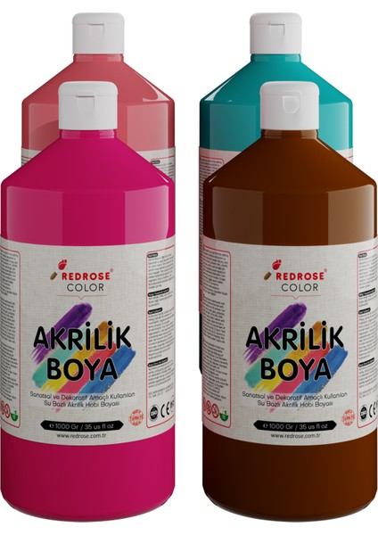 Tamamlayıcı Renkler Akrilik Boya 4'lü Set 4X1000GR, Dekoratif Hobi Amaçlı Sanatsal Canlı Renkler