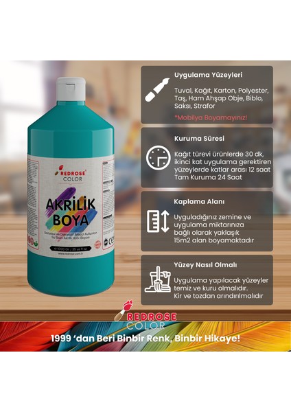 Turkuaz Akrilik Boya 1000 gr Dekoratif Hobi Amaçlı Sanatsal Canlı Renkler modelleri