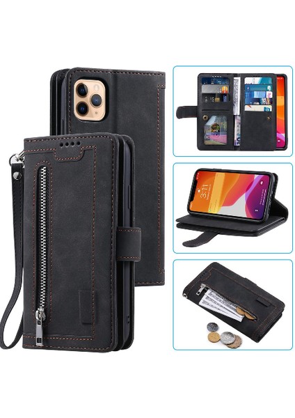 Iphone 12 Için Flip Case Pro Max 9 Kart Yuvaları Kordon Kickstand Pu Deri (Yurt Dışından)