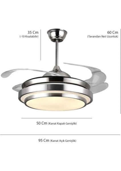Gizli Kanatlı Avizeli Tavan Vantilatörü Kumandalı - 3 Renk Işık (Silver) modelleri