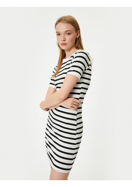 Mini Bodycon Elbise Bisiklet Yaka Kısa Kollu Slim Fit