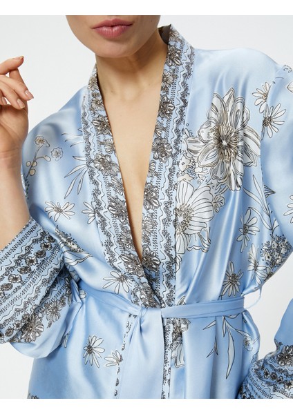 Oversize Kimono Saten Çiçekli Beli Kuşaklı