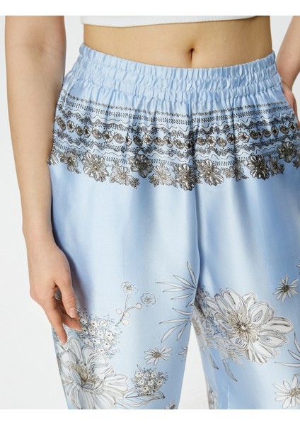 Bol Paça Pantolon Çiçekli Saten Beli Lastikli