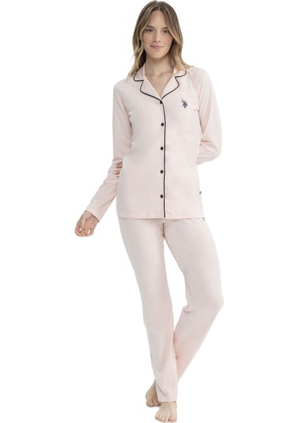 11000 Kadın Uzun Kollu Önden Düğmeli Gömlek Pijama Takım-Pembe