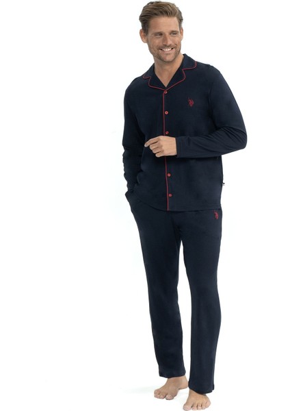 12039 Erkek Uzun Kollu Önden Düğmeli Gömlek Pijama Takım-Lacivert
