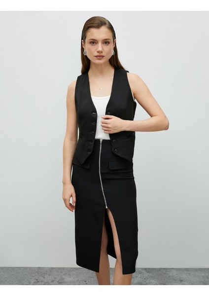 Midi Kalem Etek Önden Yırtmaçlı Fermuarlı Cep Detaylı Yüksek Bel
