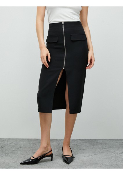 Midi Kalem Etek Önden Yırtmaçlı Fermuarlı Cep Detaylı Yüksek Bel modelleri