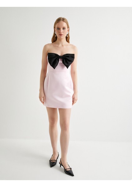 Straplez Saten Gece Elbisesi Fiyonk Detaylı Mini Boy Slim Fit modelleri