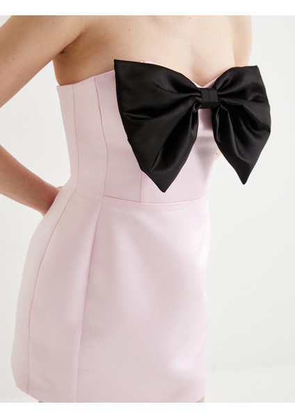 Straplez Saten Gece Elbisesi Fiyonk Detaylı Mini Boy Slim Fit indirimleri