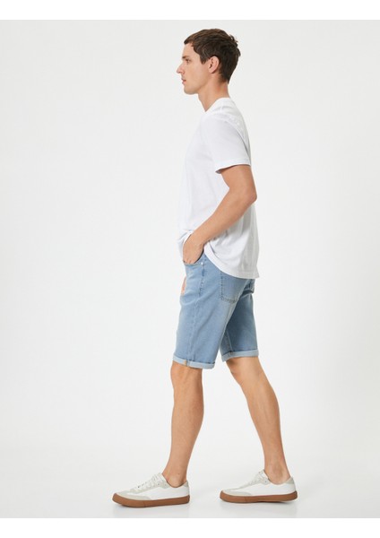 Bermuda Kot Şort Katlı Paça Detaylı Cepli Düğmeli