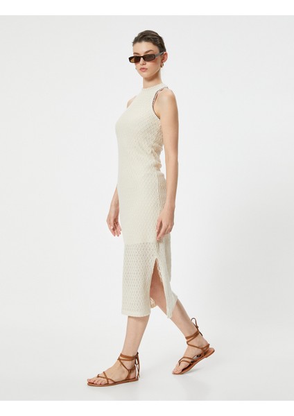 Midi Elbise Kolsuz Bisiklet Yaka Yırtmaç Detaylı Ajurlu fiyatları