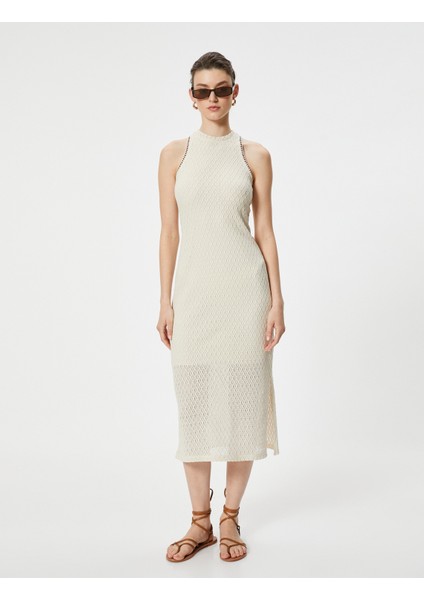 Midi Elbise Kolsuz Bisiklet Yaka Yırtmaç Detaylı Ajurlu modelleri