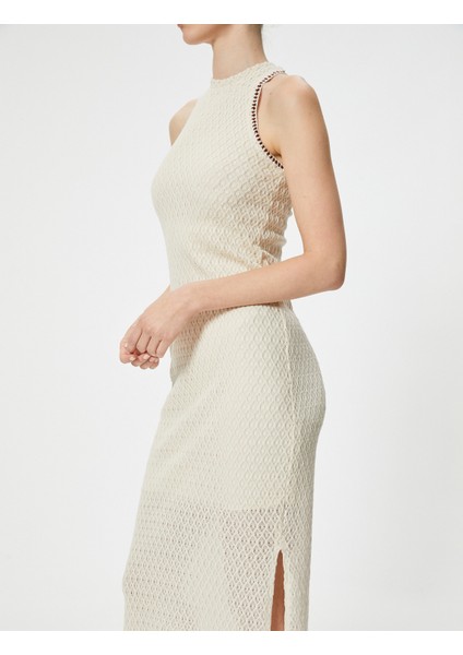 Midi Elbise Kolsuz Bisiklet Yaka Yırtmaç Detaylı Ajurlu indirimleri