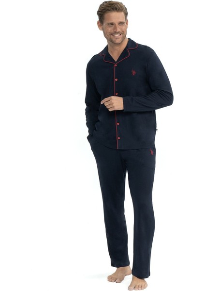 12039 Erkek Uzun Kollu Önden Düğmeli Gömlek Pijama Takım-Lacivert