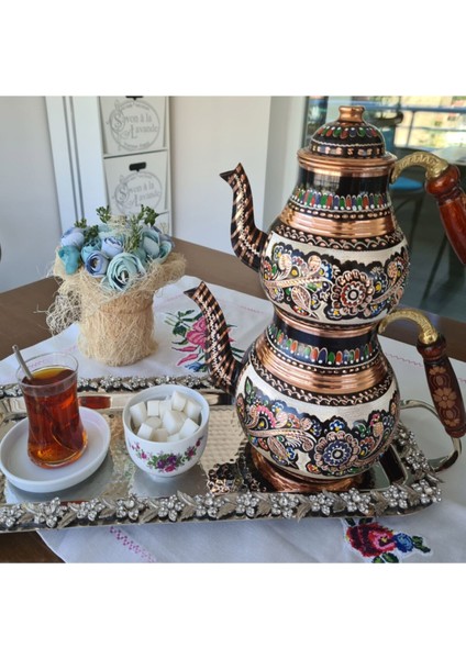 Tekno Trust Yuvarlak Büyük Boy Bakır Çaydanlık Erzincan Işi Ahşap Kulplu Desenli Çaydanlık Çay Demlik Bakır Met