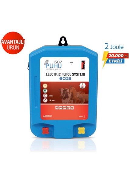 Ecos Elektrikli Çit Cihazı (2 Joule = 20.000 M) (Kuruluma Hazır Set)