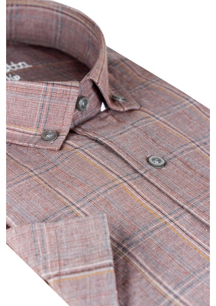 Erkek Fındık Kabuğu Rengi Kısa Kollu Kareli Cepli Pamuklu Gömlek fiyatları