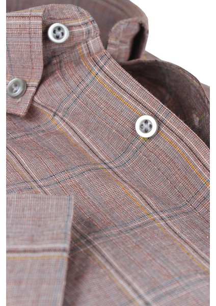 Erkek Fındık Kabuğu Rengi Kısa Kollu Kareli Cepli Pamuklu Gömlek modelleri