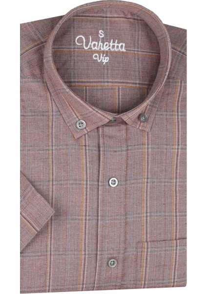 Erkek Fındık Kabuğu Rengi Kısa Kollu Kareli Cepli Pamuklu Gömlek fırsatları