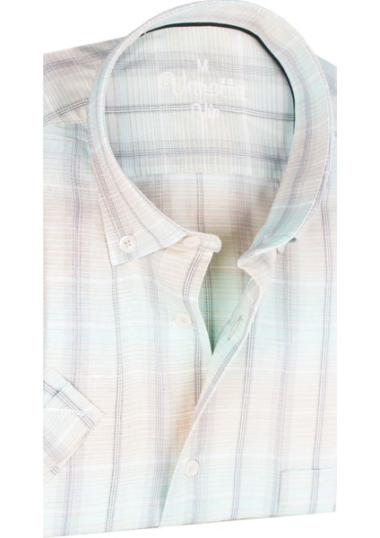 Erkek Su Yeşili Pembe Kısa Kollu Kareli Cepli Pamuklu Gömlek