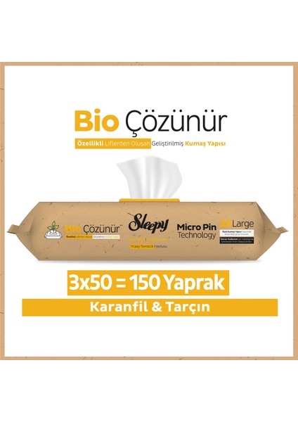 Bio Çözünür Yüzey Temizlik Havlusu&Mendili Karanfil&Tarçın 3x50 (150 Yaprak)