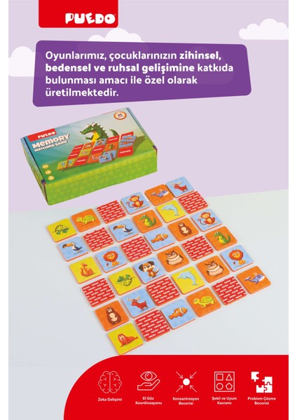 Memory Matching Game / Eğitici Hayvanları Öğreten Oyun / Hafızayı Geliştirici / 36 Parça / +3 Yaş