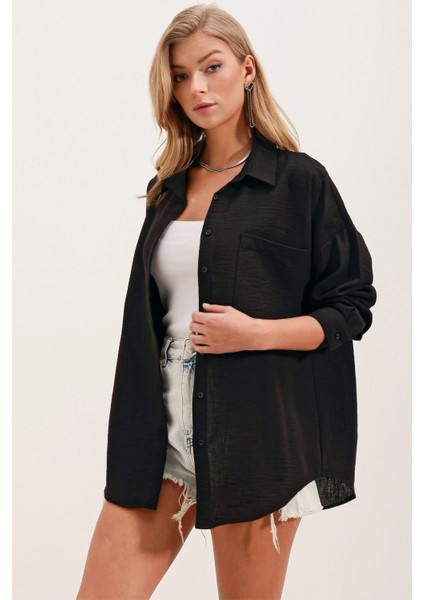 20153 Tek Cepli Oversize Keten Gömlek - Siyah