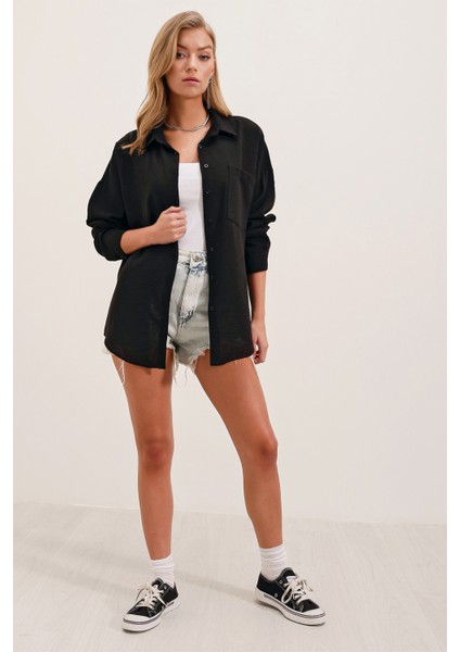 20153 Tek Cepli Oversize Keten Gömlek - Siyah fiyatları