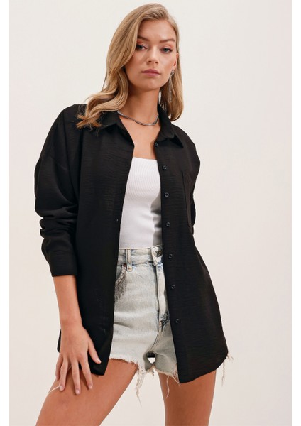 20153 Tek Cepli Oversize Keten Gömlek - Siyah modelleri