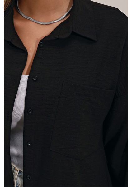 20153 Tek Cepli Oversize Keten Gömlek - Siyah fırsatları
