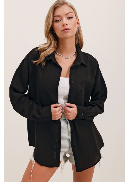 20153 Tek Cepli Oversize Keten Gömlek - Siyah indirimleri