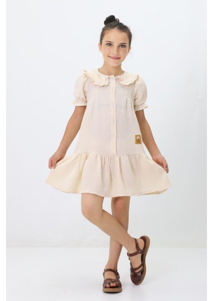 Yaka Fırfırlı Müslin Kız Çocuk elbise - Krem