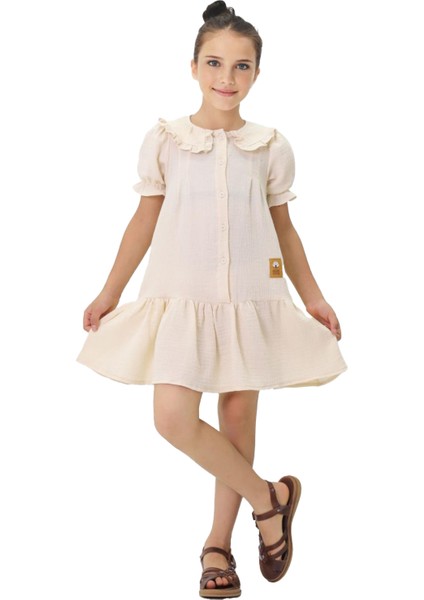 Yaka Fırfırlı Müslin Kız Çocuk elbise - Krem fiyatları
