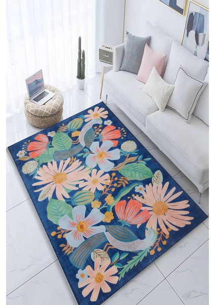 Soğuk Renkli Çiçek Desen Dijital Baskılı Zenit Kilim