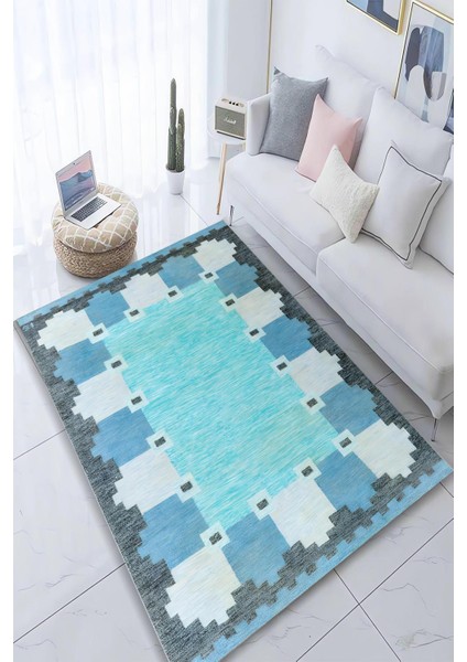 Ortası Mavi Desen Dijital Baskılı Zenit Kilim