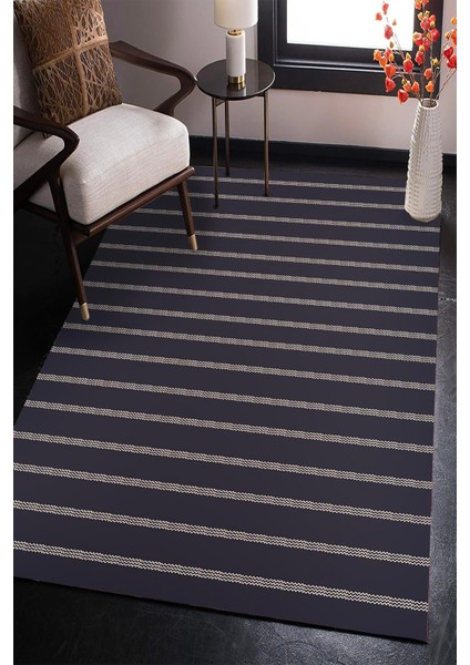 Lacivert Üstüne Beyaz Çizgi Desen Dijital Baskılı Zenit Kilim