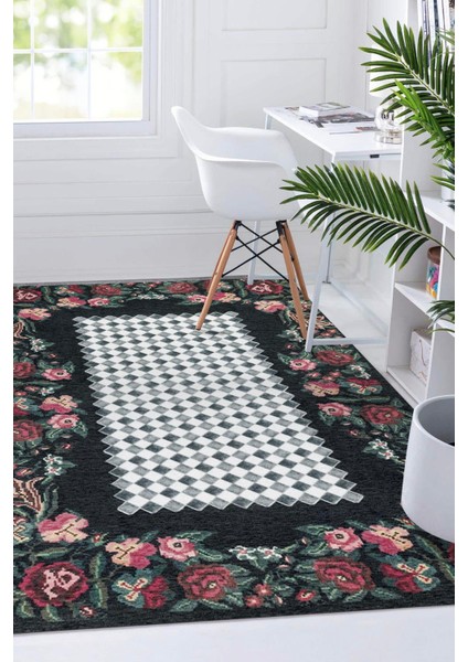 Çiçek ve Elmas Vintage Desen Dijital Baskılı Zenit Kilim