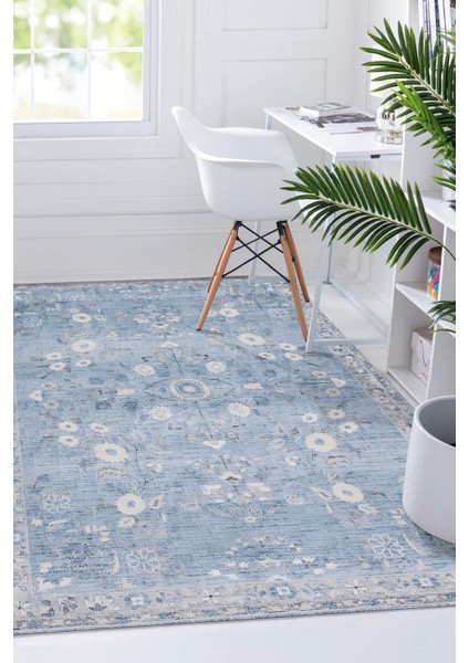 Mavi Eskitme Desen Dijital Baskılı Zenit Kilim