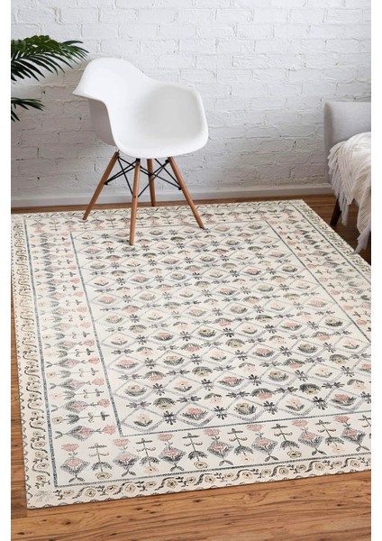 Krem Renkli Çiçek Desen Dijital Baskılı Zenit Kilim