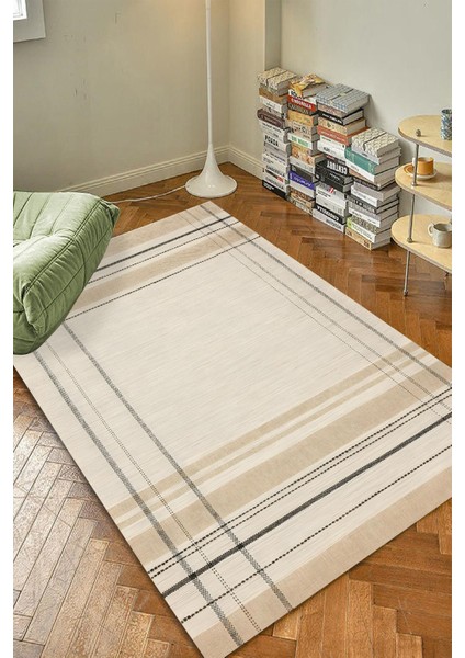 Bej Çizgili Modern Desen Dijital Baskılı Zenit Kilim