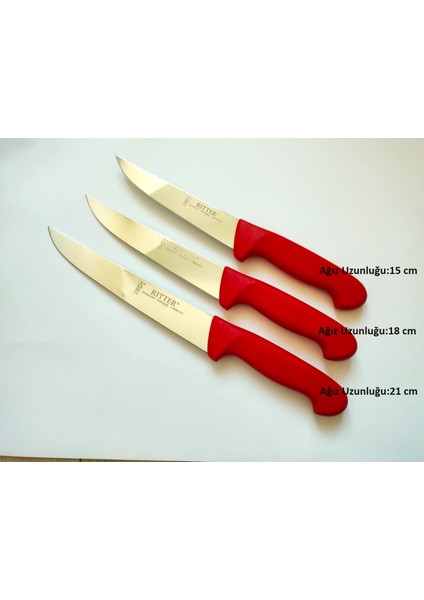 3 Adet Kasap Bıçağı (21 cm + 18 cm +15 cm) Kırmızı