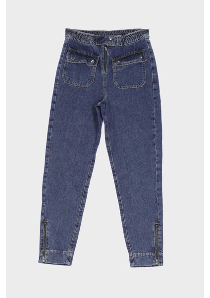 Koyu Mavi Beli Lastikli Üstten Cepli Paçası Fermuarlı Jean Pantolon C 4689-006