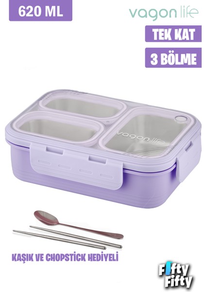 Lunch Box 620 ml Tek Kat Üç Bölmeli Metal Kaşıklı Yeni Nesil Sefer TASI-FFLBOX7097