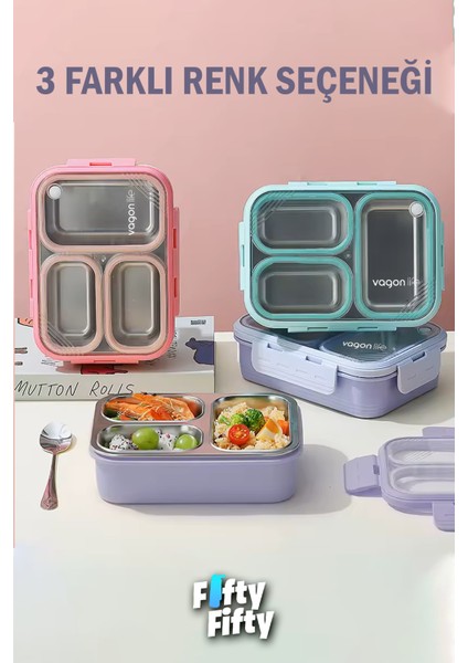 Lunch Box 620 ml Tek Kat Üç Bölmeli Metal Kaşıklı Yeni Nesil Sefer TASI-FFLBOX7097